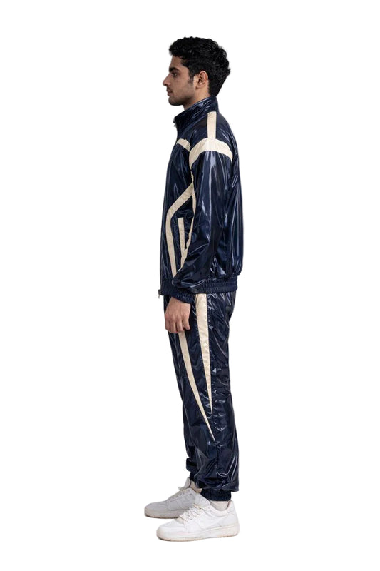 Navy Blue Shiny Nylon Tracksuit with Cream Side Panels