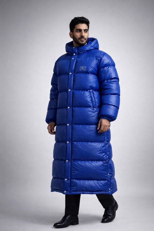 Men’s Royal Blue Long Puffer Coat Shiny Nylon