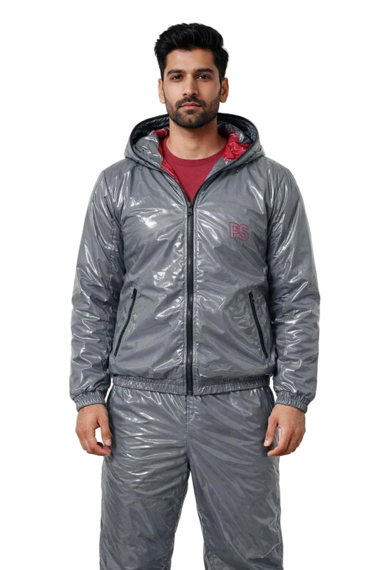 Men’s Shiny Nylon Tracksuit Silver Wet-Look Two-Piece Set