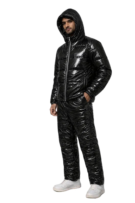Men's Shiny Puffy Snowsuit: Off White Waterproof Jumpsuit