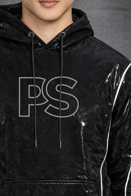 Jet Black Gloss PVC Hoodie Set with Contrast Piping