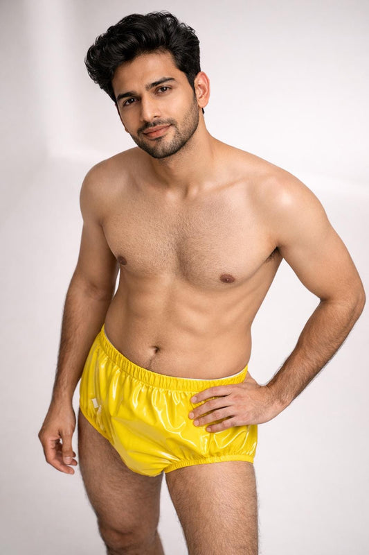 Glossy Yellow Nylon Briefs High-Waisted Shiny Fashion Shorts