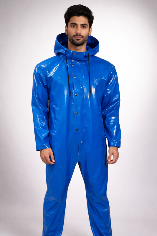 Men’s Glossy Royal Blue PVC Waterproof Jumpsuit with Hood