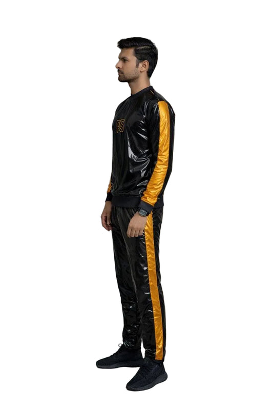 Shiny Black Nylon Tracksuit with Metallic Gold Accent Stripes