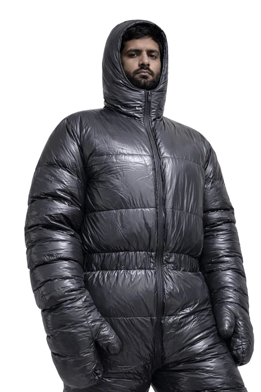Shiny Gray Nylon Padded Jumpsuit Full Zip Hooded Snowsuit