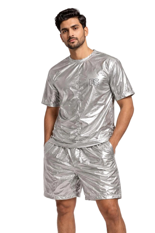 Shiny Silver Nylon Lightweight T-Shirt & Shorts Set