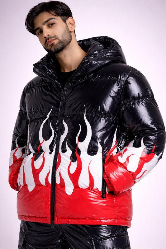 Shiny Puffer Jacket with Flame Design