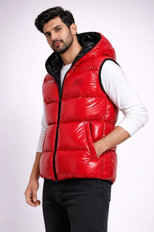 Shiny Red Sleeveless Hooded Puffer Vest