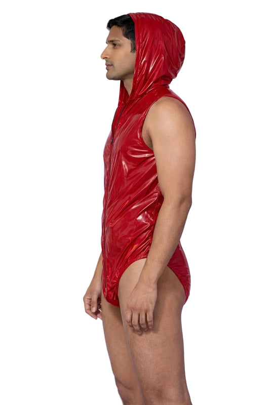 Nylon Hooded Singlet Sleeveless Bodysuit with Front Zipper