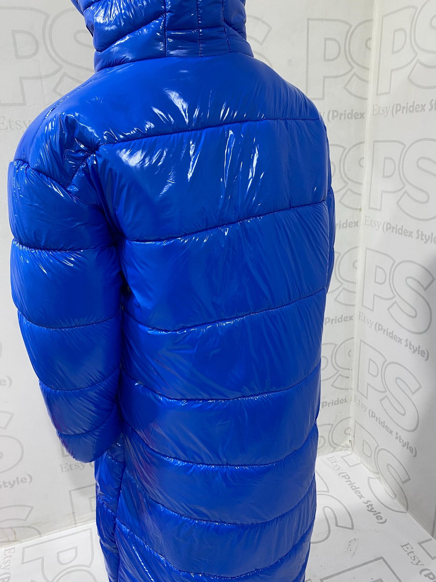 Men’s Royal Blue Long Puffer Coat Shiny Nylon