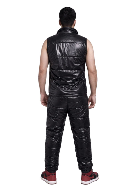 Men’s Black Shiny Puffer Suit Glossy Quilted Nylon Vest & Insulated Pants Set