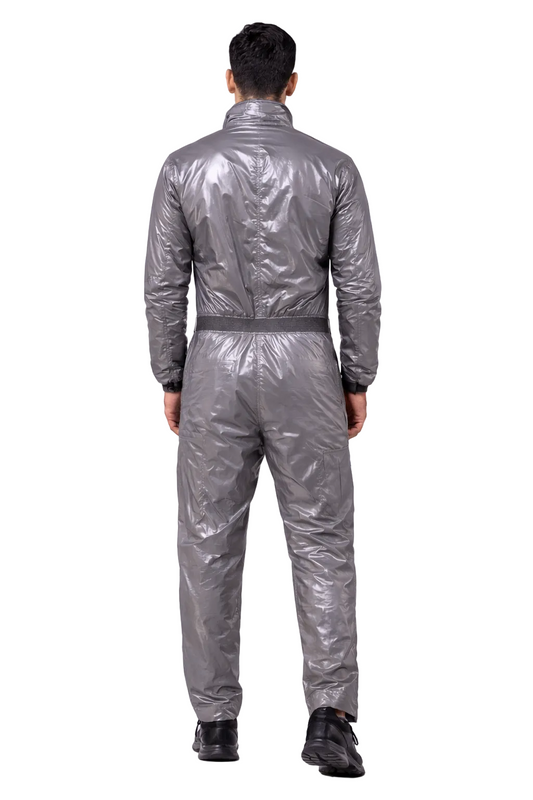 Men’s Metallic Silver Shiny Nylon Jumpsuit Cargo Utility Coverall with Belt