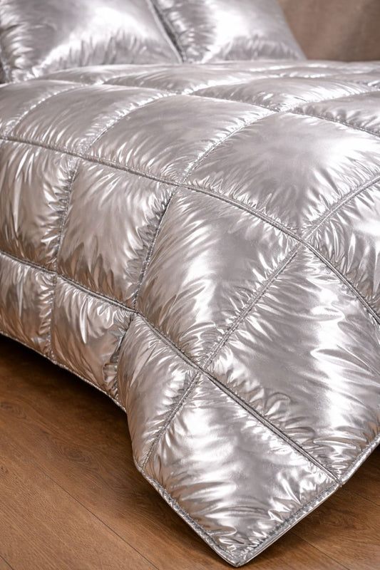 Silver Metallic Quilted Shiny Nylon Bedding Set
