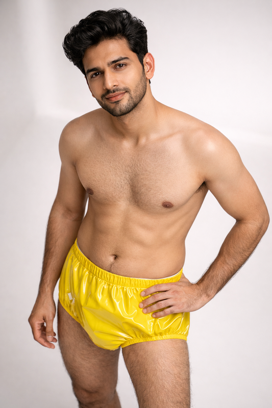 Glossy Yellow Nylon Briefs High-Waisted Shiny Fashion Short