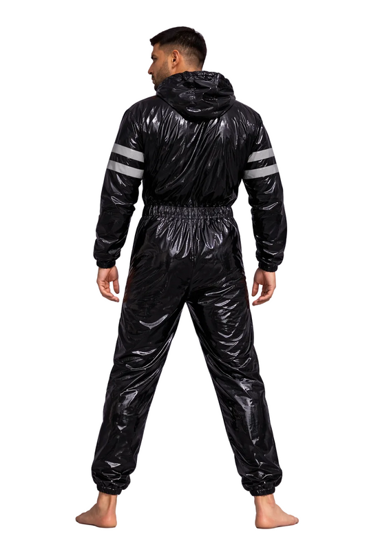 Men’s Black Shiny Nylon Jumpsuit One-Piece with Reflective Stripes