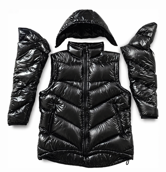 Black Shiny Nylon Modular Puffer Vest Detachable Sleeves & Hood