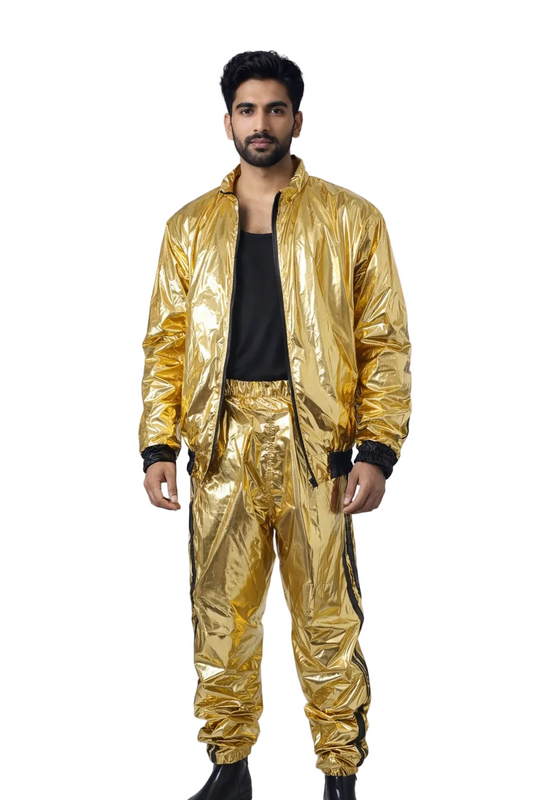 Metallic Gold Shiny Nylon Tracksuit with Black Stripes