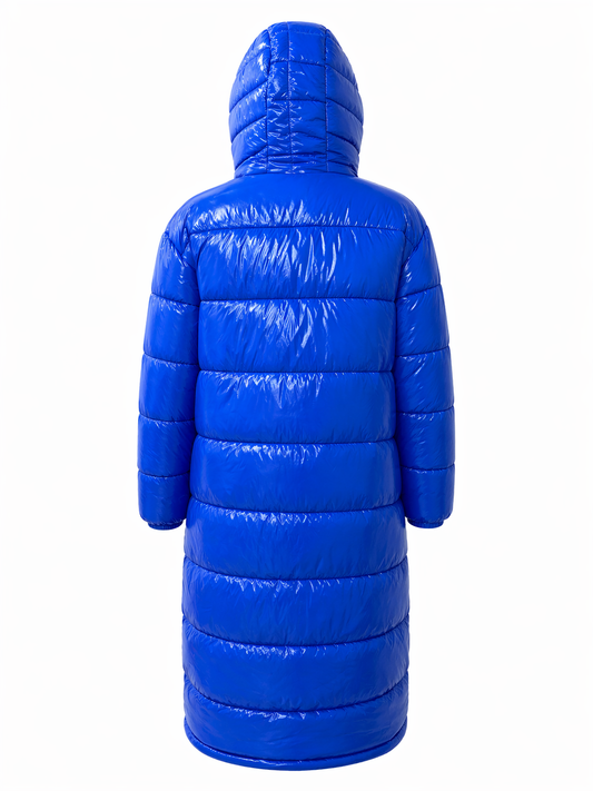 Men’s Cobalt Blue Long Shiny Puffer Coat Hooded Full Length