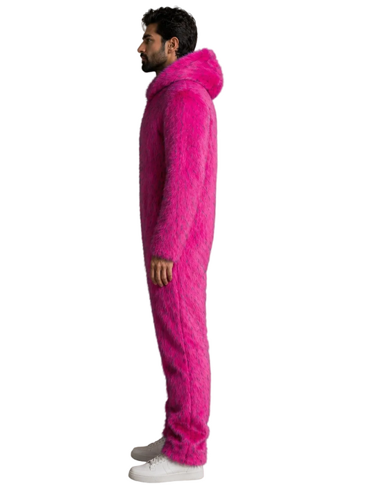 Men’s Magenta Pink Faux Fur Jumpsuit Hooded One-Piece Fur Suit