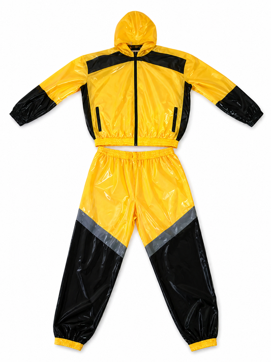 Shiny Nylon Yellow Tracksuit with Black & Gray Panels