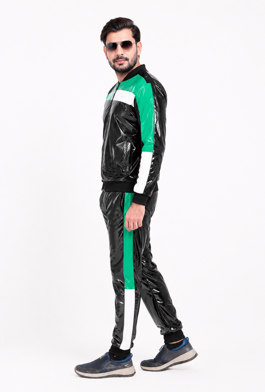 Men’s Neon Edge Shiny Nylon Pro Tracksuit Black Green Jogger Set