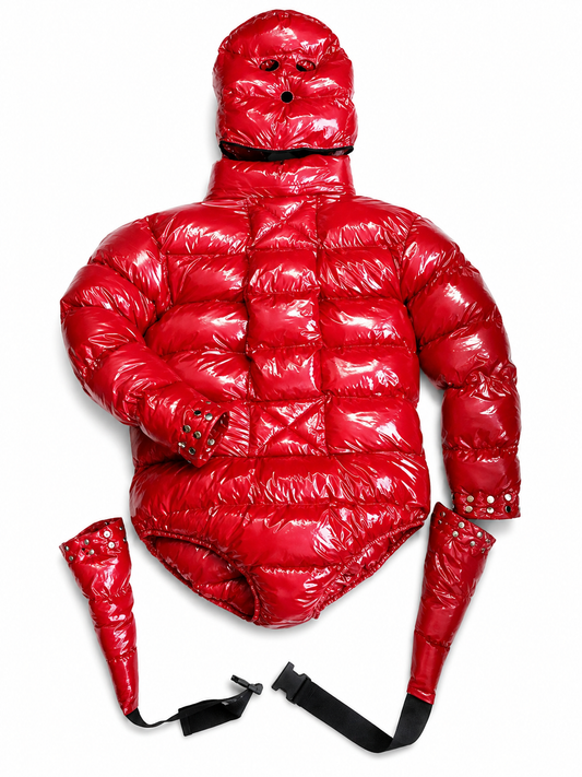 Extreme Puffy Shiny Nylon Bondage Hooded Jacket Bodysuit Set