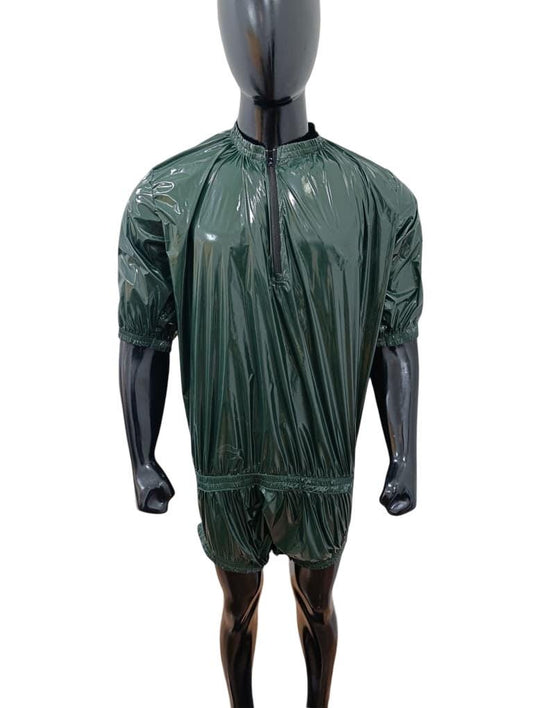 Unisex Drack Green Shiny Onesie Glossy Hooded Quilted Romper