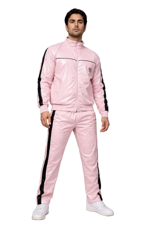 Shiny Nylon Baby Pink Tracksuit with Black Stripes
