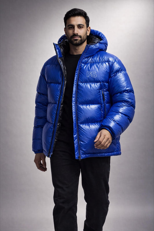 Men’s Electric Blue Shiny Nylon Puffer Jacket