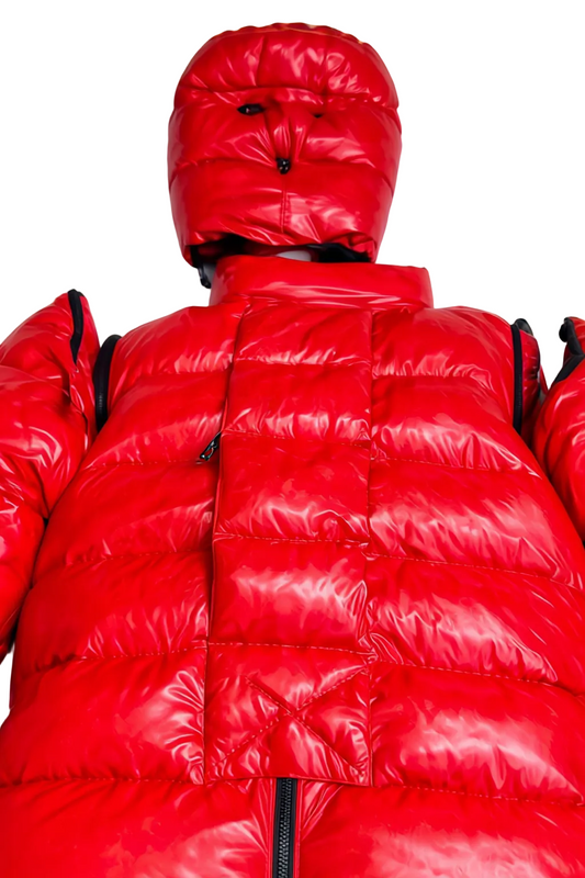 Men’s Red Shiny Nylon Puffer Suit Set Jacket, Hood & Pants