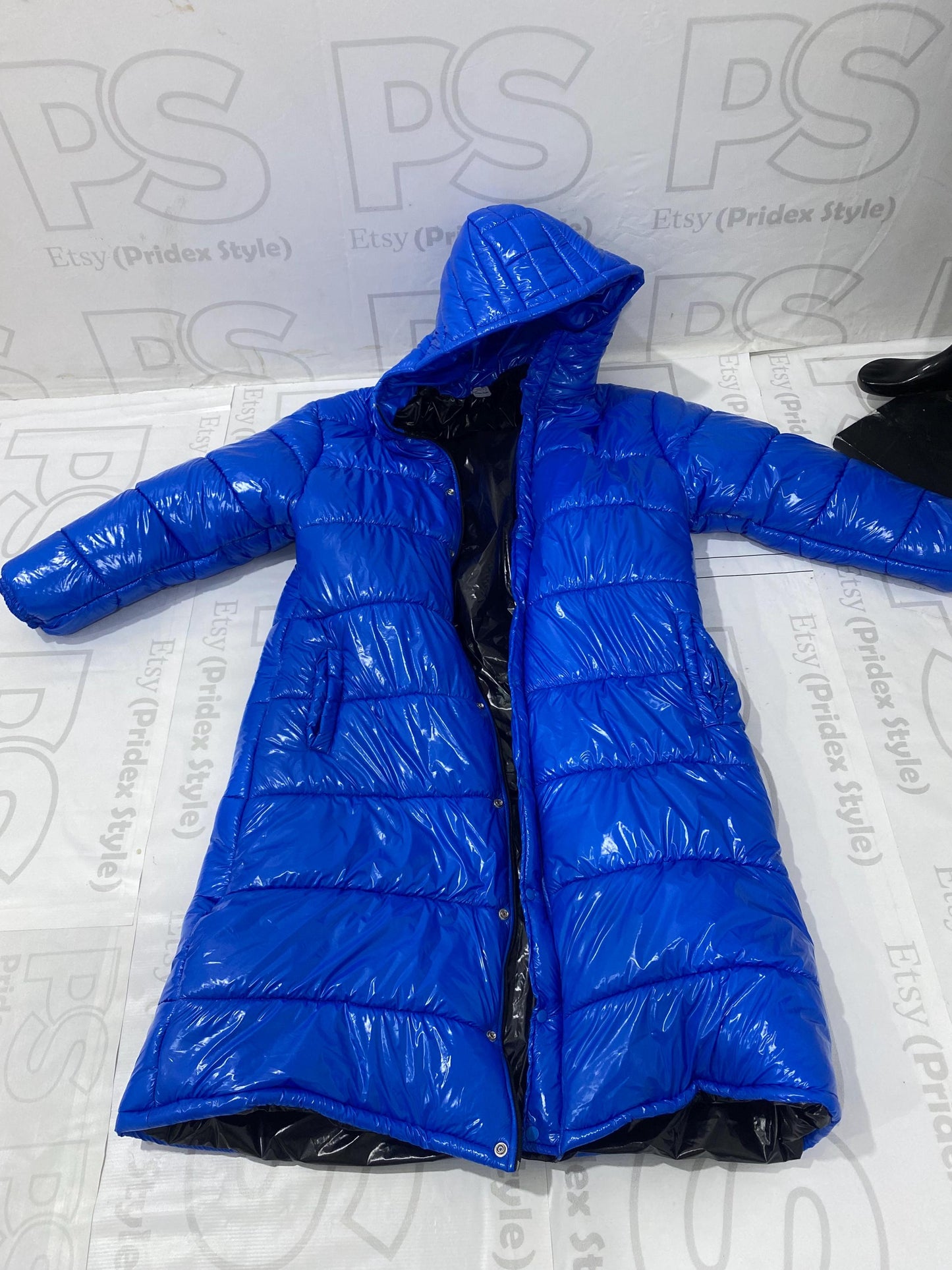 Men’s Royal Blue Long Puffer Coat Shiny Nylon