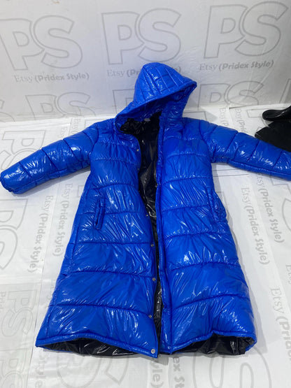 Men’s Royal Blue Long Puffer Coat Shiny Nylon
