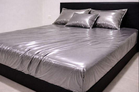 Silver  Shiny Nylon Bed Sheet Set with Gloss Finish
