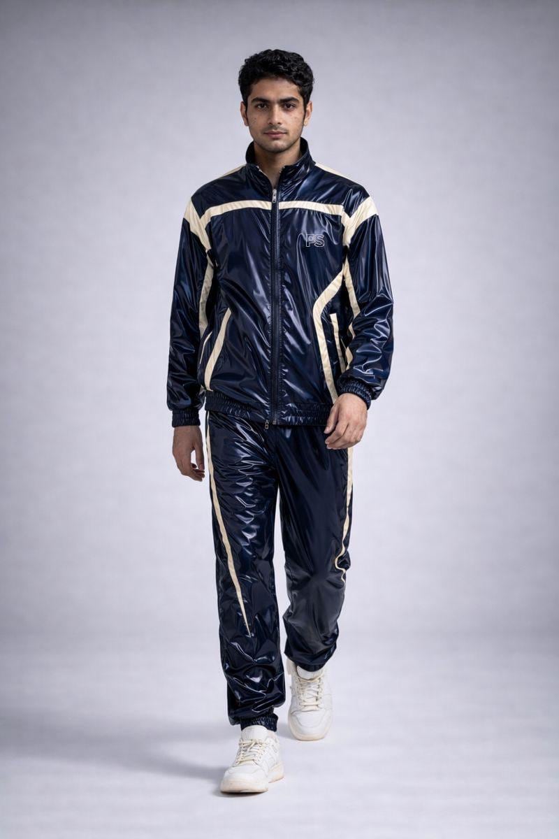 Navy Blue Shiny Nylon Tracksuit with Cream Side Panels