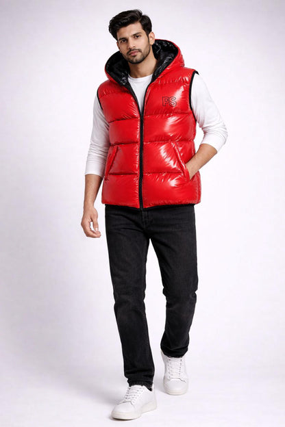 Shiny Red Sleeveless Hooded Puffer Vest