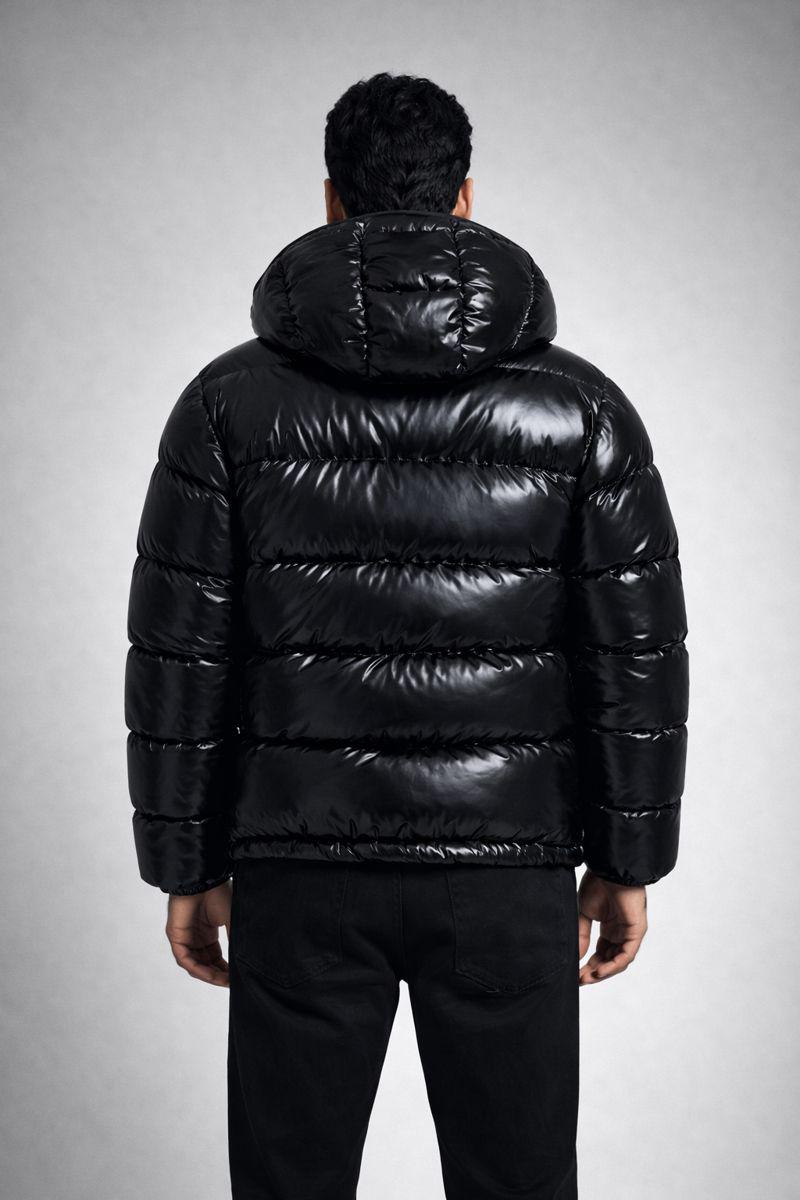 Black Glossy Nylon Puffer Hoodie Jacket