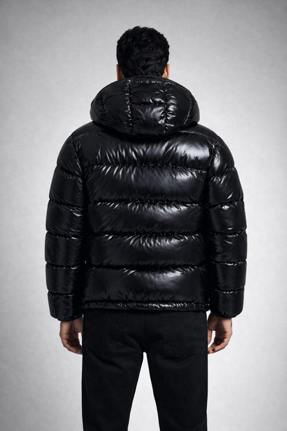 Black Glossy Nylon Puffer Hoodie Jacket