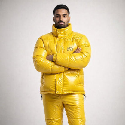 Men Shiny Yellow Puffer Jacket & Pants Set