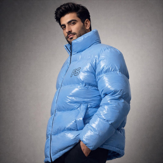 Men’s Sky Blue Shiny Puffer Jacket Lightweight Hooded