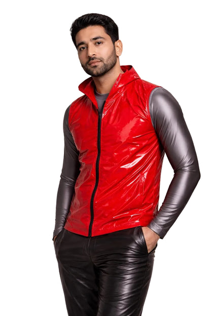 Men’s Red Shiny Nylon Vest Glossy Lightweight