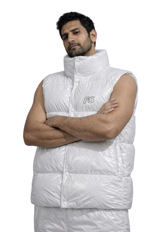 White Glossy Nylon Sleeveless Puffer Vest