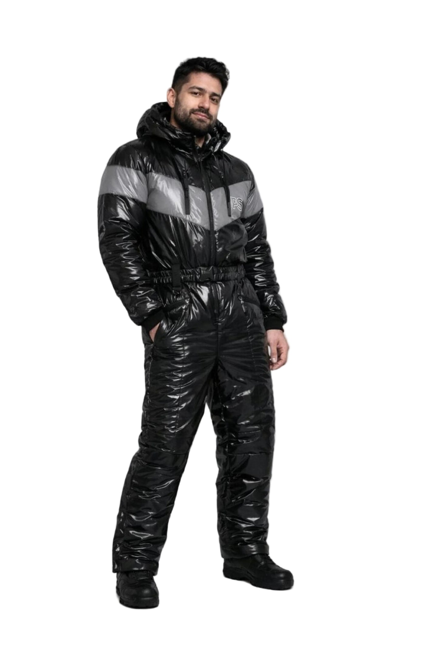 Men’s High Gloss Quilted Black Snowsuit