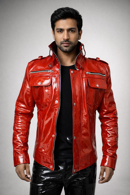 Red Glossy Leather Jacket  Men’s Patent Leather Biker Style
