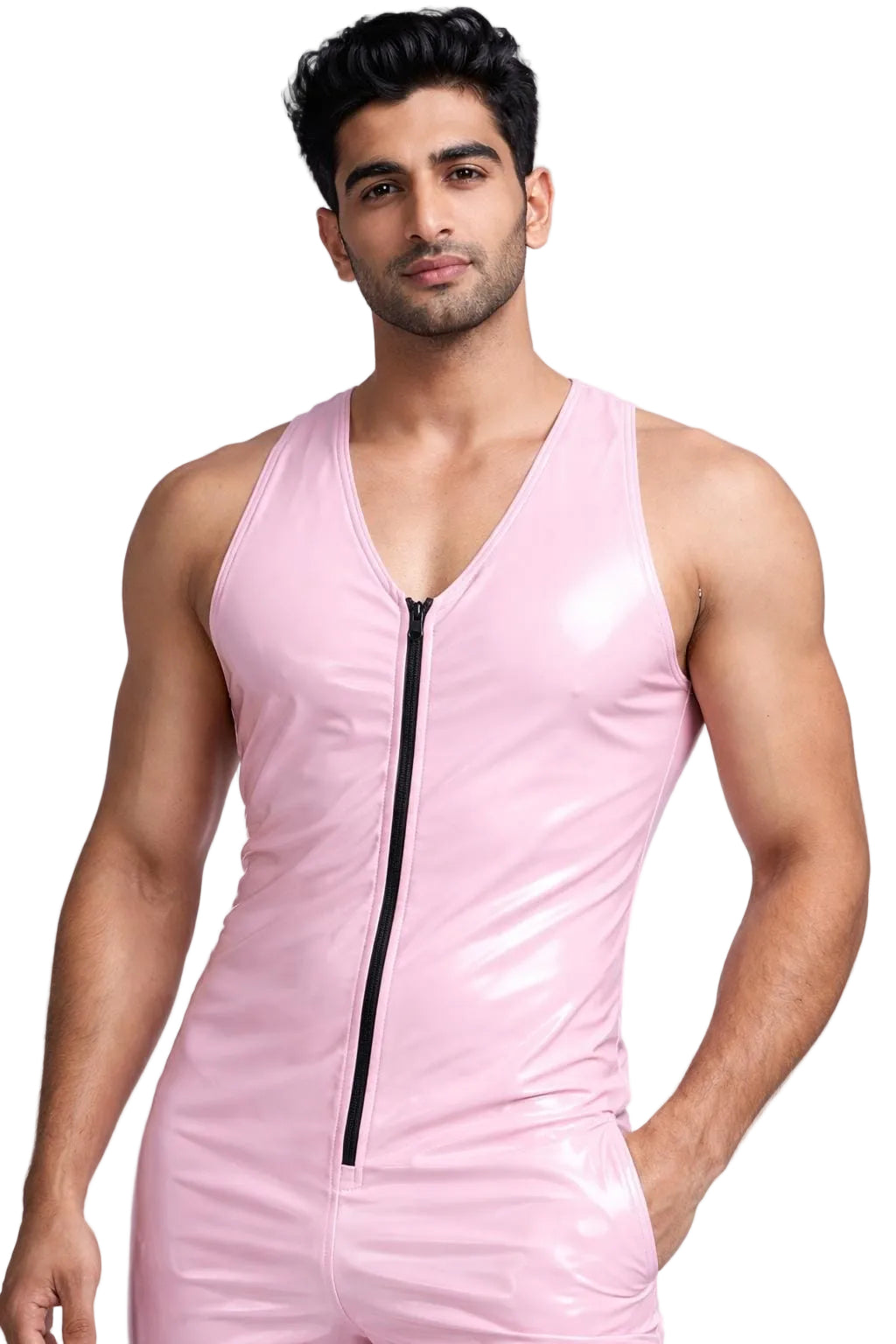 Nylon Hooded Singlet Sleeveless Bodysuit with Front Zipper