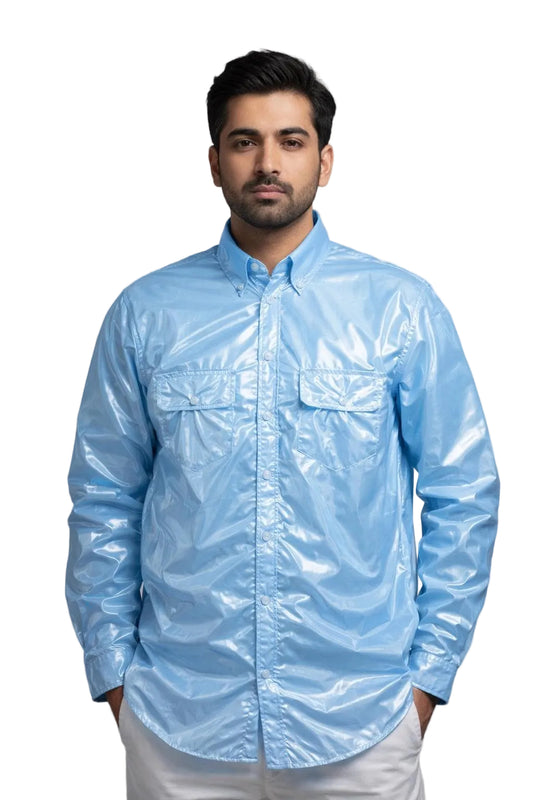 Nylon Shirt Glossy Button Up Long Sleeve with Flap Pockets