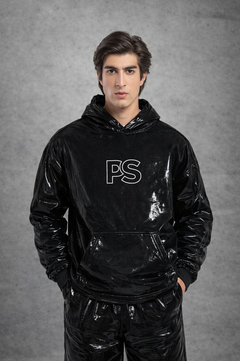 Shiny Black PVC Hoodie Set for Men  Glossy Urban Wear