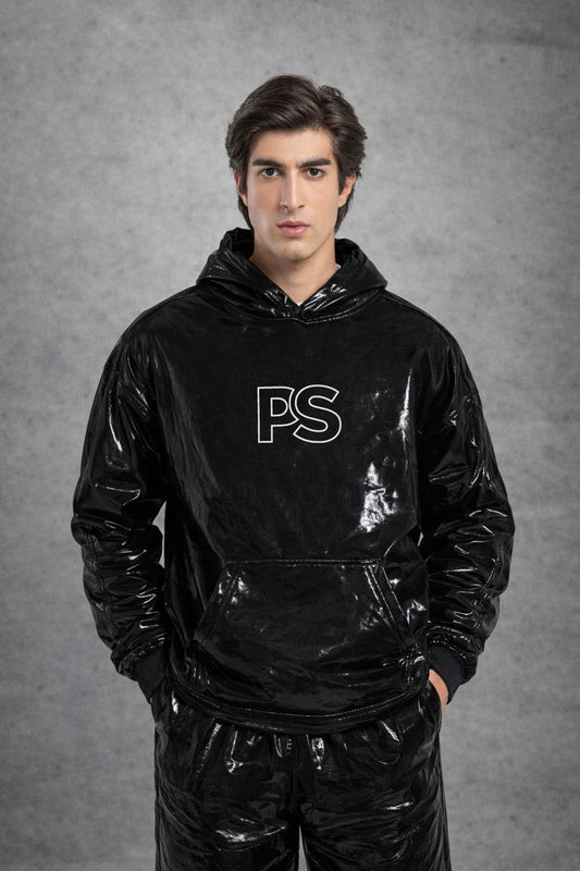 Shiny Black PVC Hoodie Set for Men  Glossy Urban Wear