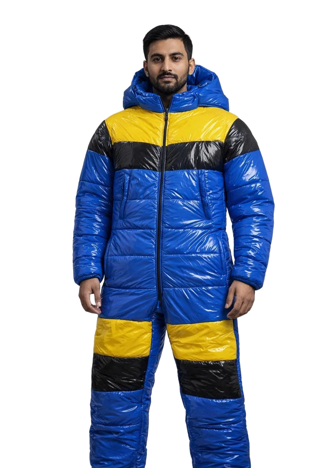 Black Multicolor Shiny Nylon Puffer Snowsuit