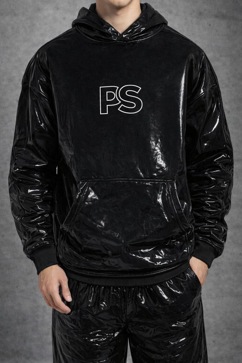 Shiny Black PVC Hoodie Set for Men  Glossy Urban Wear