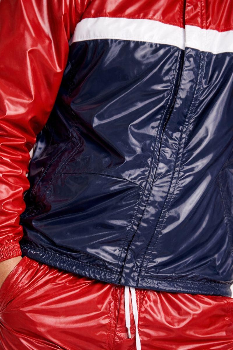 Red Glossy PVC Hooded Tracksuit with Navy & White Chest Panel